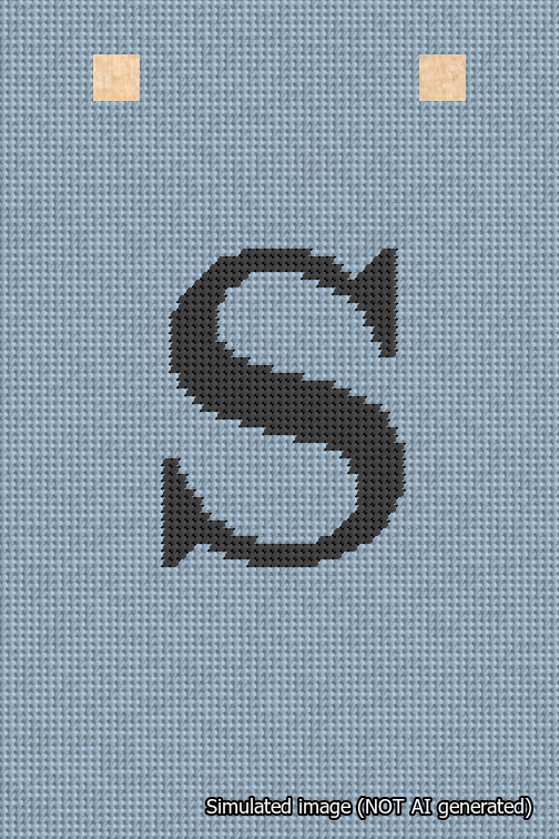 A simulated image of the stitched needlepoint design: Banner 18m Squared S Black on Light Blue. Not A.I. generated.