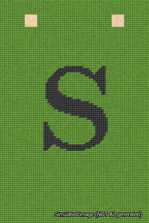 A simulated image of the stitched needlepoint design: Banner 18m Squared S Black on Light Green. Not A.I. generated.