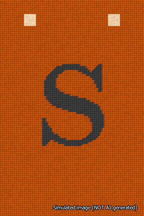A simulated image of the stitched needlepoint design: Banner 18m Squared S Black on Orange. Not A.I. generated.