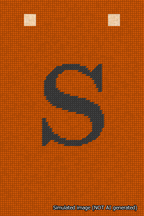 A simulated image of the stitched needlepoint design: Banner 18m Squared S Black on Orange. Not A.I. generated.