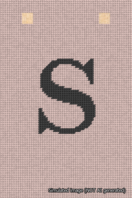 A simulated image of the stitched needlepoint design: Banner 18m Squared S Black on Pink. Not A.I. generated.