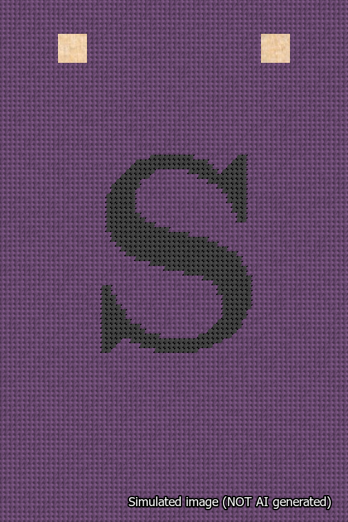 A simulated image of the stitched needlepoint design: Banner 18m Squared S Black on Purple. Not A.I. generated.