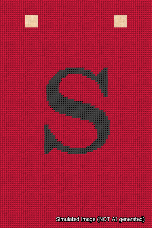 A simulated image of the stitched needlepoint design: Banner 18m Squared S Black on Red. Not A.I. generated.