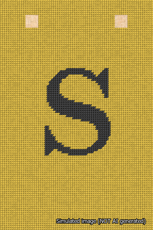 A simulated image of the stitched needlepoint design: Banner 18m Squared S Black on Yellow. Not A.I. generated.