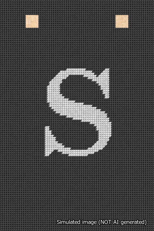 A simulated image of the stitched needlepoint design: Banner 18m Squared S White on Black. Not A.I. generated.