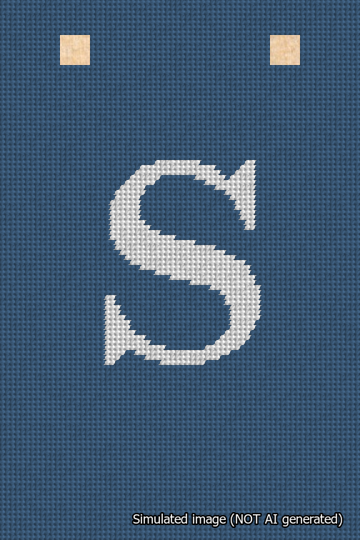 A simulated image of the stitched needlepoint design: Banner 18m Squared S White on Blue. Not A.I. generated.