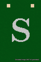 A simulated image of the stitched needlepoint design: Banner 18m Squared S White on Green. Not A.I. generated.