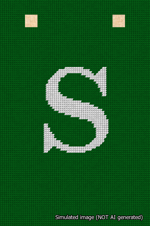 A simulated image of the stitched needlepoint design: Banner 18m Squared S White on Green. Not A.I. generated.