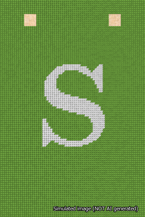 A simulated image of the stitched needlepoint design: Banner 18m Squared S White on Light Green. Not A.I. generated.