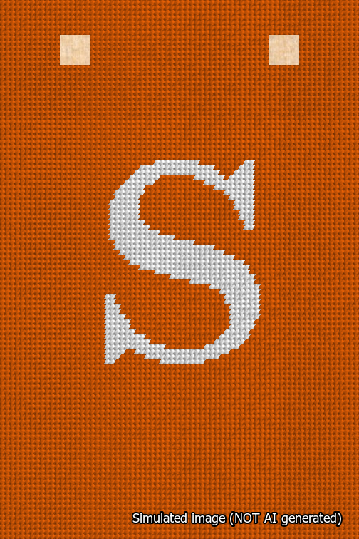A simulated image of the stitched needlepoint design: Banner 18m Squared S White on Orange. Not A.I. generated.