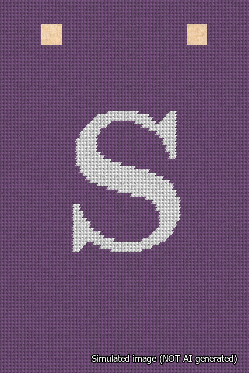 A simulated image of the stitched needlepoint design: Banner 18m Squared S White on Purple. Not A.I. generated.
