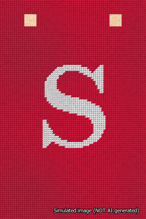 A simulated image of the stitched needlepoint design: Banner 18m Squared S White on Red. Not A.I. generated.