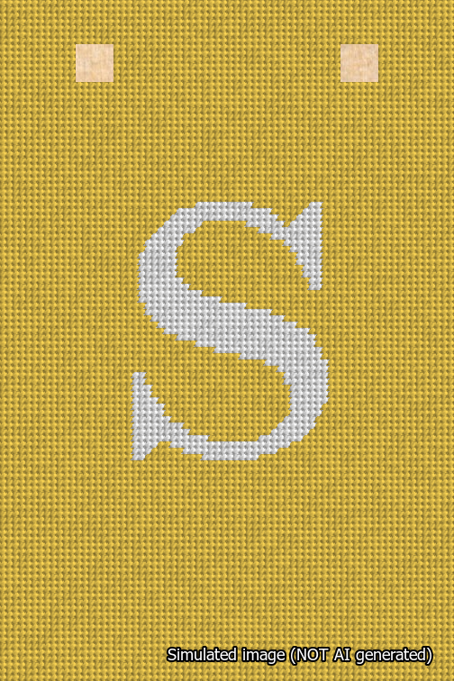 A simulated image of the stitched needlepoint design: Banner 18m Squared S White on Yellow. Not A.I. generated.