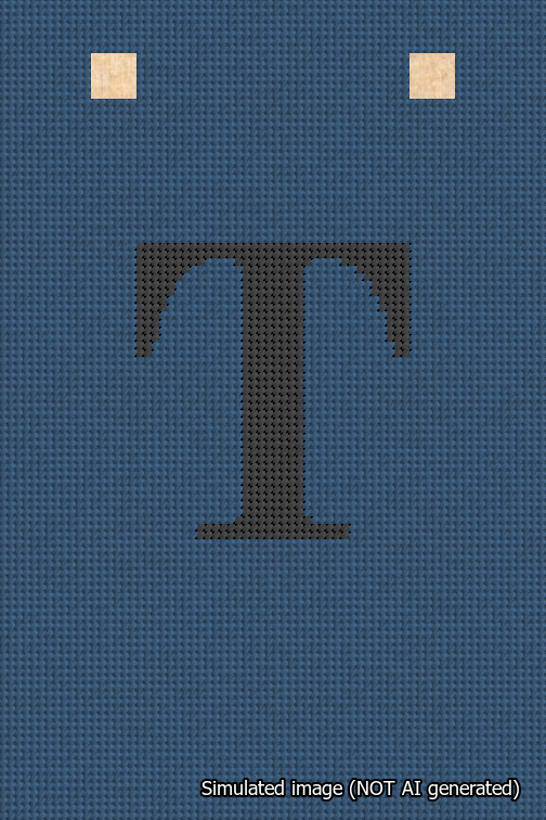 A simulated image of the stitched needlepoint design: Banner 18m Squared T Black on Blue. Not A.I. generated.
