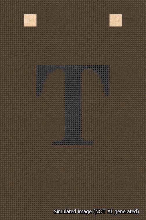 A simulated image of the stitched needlepoint design: Banner 18m Squared T Black on Brown. Not A.I. generated.