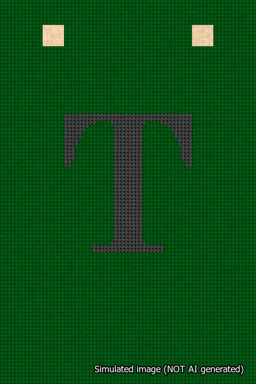 A simulated image of the stitched needlepoint design: Banner 18m Squared T Black on Green. Not A.I. generated.