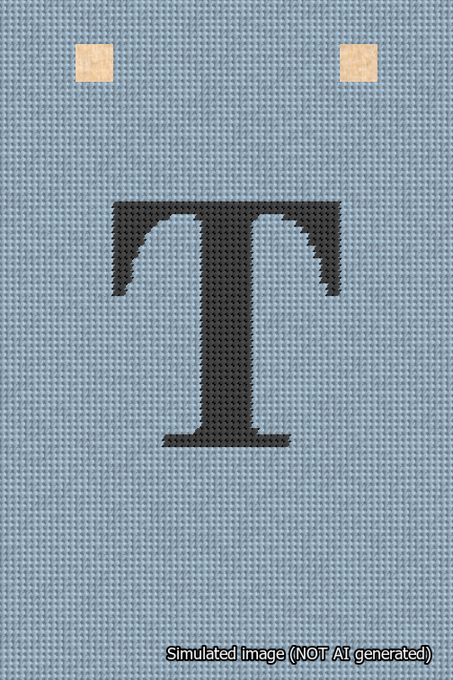 A simulated image of the stitched needlepoint design: Banner 18m Squared T Black on Light Blue. Not A.I. generated.