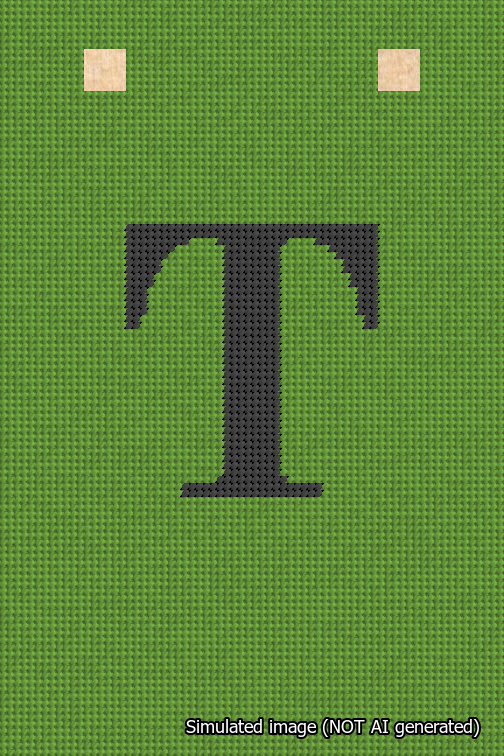 A simulated image of the stitched needlepoint design: Banner 18m Squared T Black on Light Green. Not A.I. generated.
