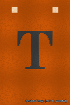 A simulated image of the stitched needlepoint design: Banner 18m Squared T Black on Orange. Not A.I. generated.