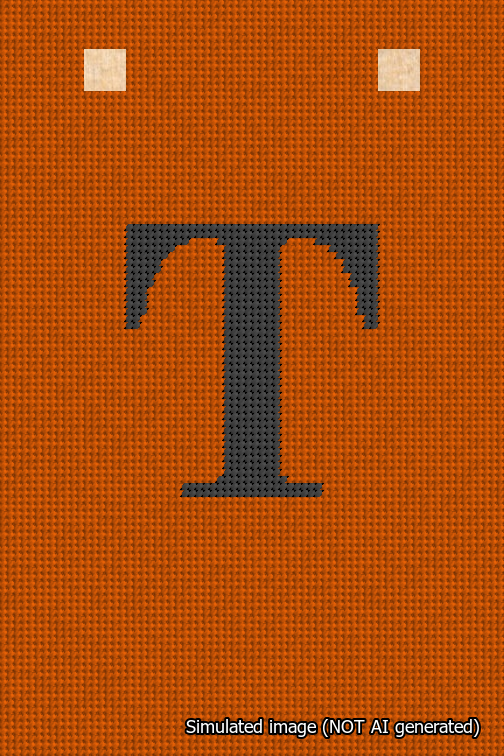 A simulated image of the stitched needlepoint design: Banner 18m Squared T Black on Orange. Not A.I. generated.