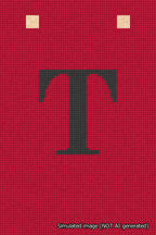 A simulated image of the stitched needlepoint design: Banner 18m Squared T Black on Red. Not A.I. generated.