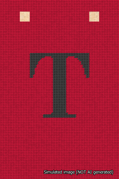 A simulated image of the stitched needlepoint design: Banner 18m Squared T Black on Red. Not A.I. generated.