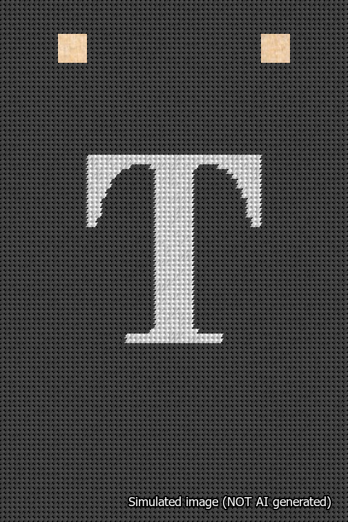 A simulated image of the stitched needlepoint design: Banner 18m Squared T White on Black. Not A.I. generated.