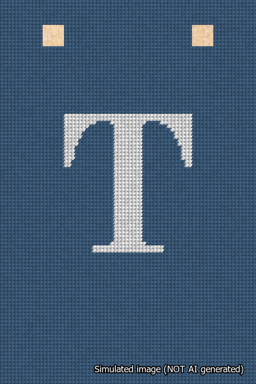 A simulated image of the stitched needlepoint design: Banner 18m Squared T White on Blue. Not A.I. generated.