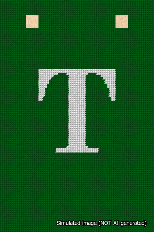 A simulated image of the stitched needlepoint design: Banner 18m Squared T White on Green. Not A.I. generated.