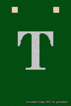 A simulated image of the stitched needlepoint design: Banner 18m Squared T White on Green. Not A.I. generated.