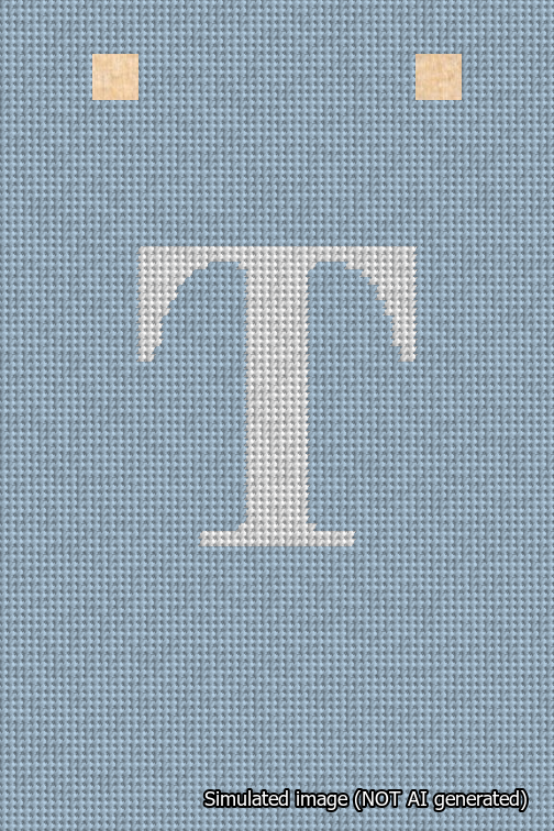 A simulated image of the stitched needlepoint design: Banner 18m Squared T White on Light Blue. Not A.I. generated.