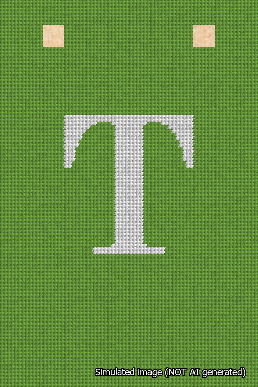 A simulated image of the stitched needlepoint design: Banner 18m Squared T White on Light Green. Not A.I. generated.