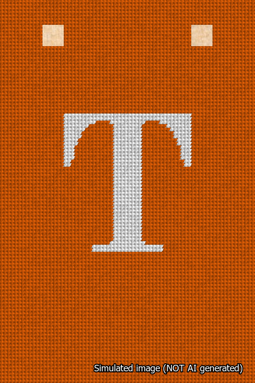 A simulated image of the stitched needlepoint design: Banner 18m Squared T White on Orange. Not A.I. generated.