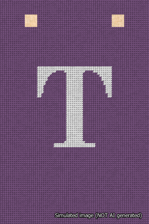 A simulated image of the stitched needlepoint design: Banner 18m Squared T White on Purple. Not A.I. generated.