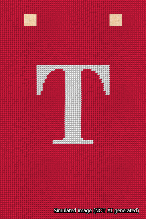 A simulated image of the stitched needlepoint design: Banner 18m Squared T White on Red. Not A.I. generated.