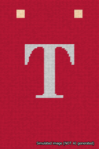 A simulated image of the stitched needlepoint design: Banner 18m Squared T White on Red. Not A.I. generated.