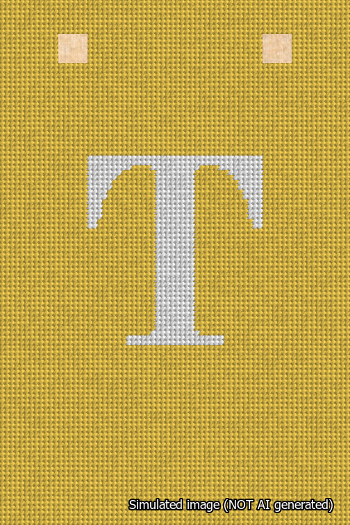 A simulated image of the stitched needlepoint design: Banner 18m Squared T White on Yellow. Not A.I. generated.