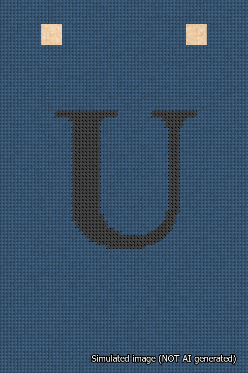 A simulated image of the stitched needlepoint design: Banner 18m Squared U Black on Blue. Not A.I. generated.