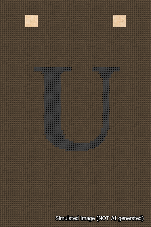 A simulated image of the stitched needlepoint design: Banner 18m Squared U Black on Brown. Not A.I. generated.