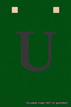 A simulated image of the stitched needlepoint design: Banner 18m Squared U Black on Green. Not A.I. generated.