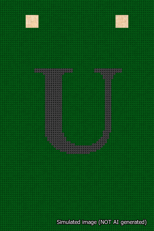 A simulated image of the stitched needlepoint design: Banner 18m Squared U Black on Green. Not A.I. generated.