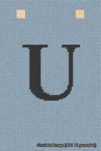 A simulated image of the stitched needlepoint design: Banner 18m Squared U Black on Light Blue. Not A.I. generated.