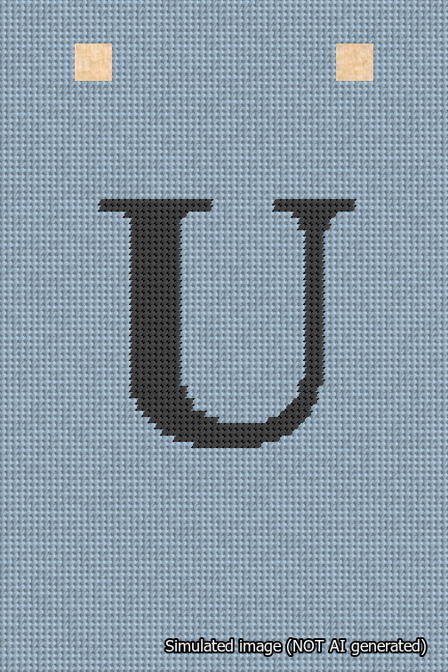 A simulated image of the stitched needlepoint design: Banner 18m Squared U Black on Light Blue. Not A.I. generated.