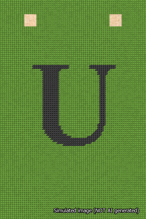 A simulated image of the stitched needlepoint design: Banner 18m Squared U Black on Light Green. Not A.I. generated.