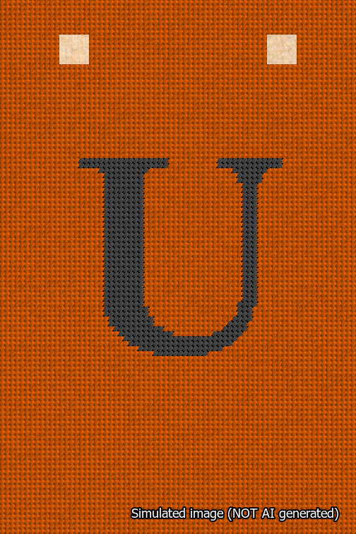 A simulated image of the stitched needlepoint design: Banner 18m Squared U Black on Orange. Not A.I. generated.