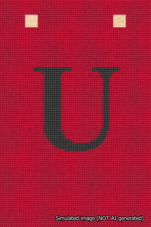 A simulated image of the stitched needlepoint design: Banner 18m Squared U Black on Red. Not A.I. generated.