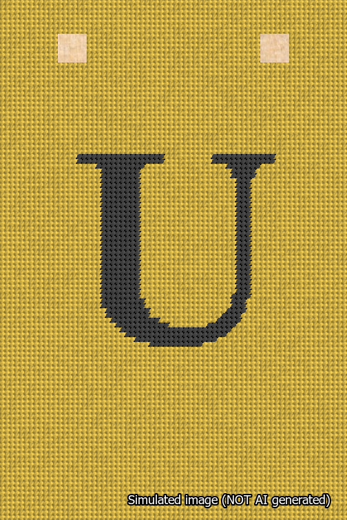 A simulated image of the stitched needlepoint design: Banner 18m Squared U Black on Yellow. Not A.I. generated.