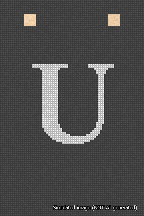 A simulated image of the stitched needlepoint design: Banner 18m Squared U White on Black. Not A.I. generated.
