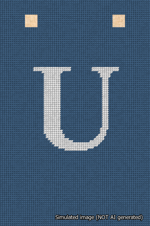 A simulated image of the stitched needlepoint design: Banner 18m Squared U White on Blue. Not A.I. generated.