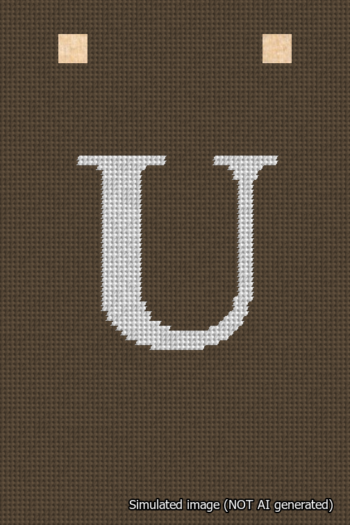 A simulated image of the stitched needlepoint design: Banner 18m Squared U White on Brown. Not A.I. generated.